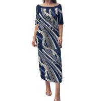Polynesian Puakeniken Pikake Twisted Lei Family Matching Puletasi and Hawaiian Shirt Navy Blue - Polynesian Pride