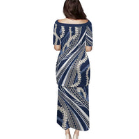 Polynesian Puakeniken Pikake Twisted Lei Family Matching Puletasi and Hawaiian Shirt Navy Blue - Polynesian Pride