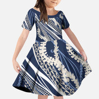 Polynesian Puakeniken Pikake Twisted Lei Family Matching Short Sleeve Bodycon Dress and Hawaiian Shirt Navy Blue - Polynesian Pride