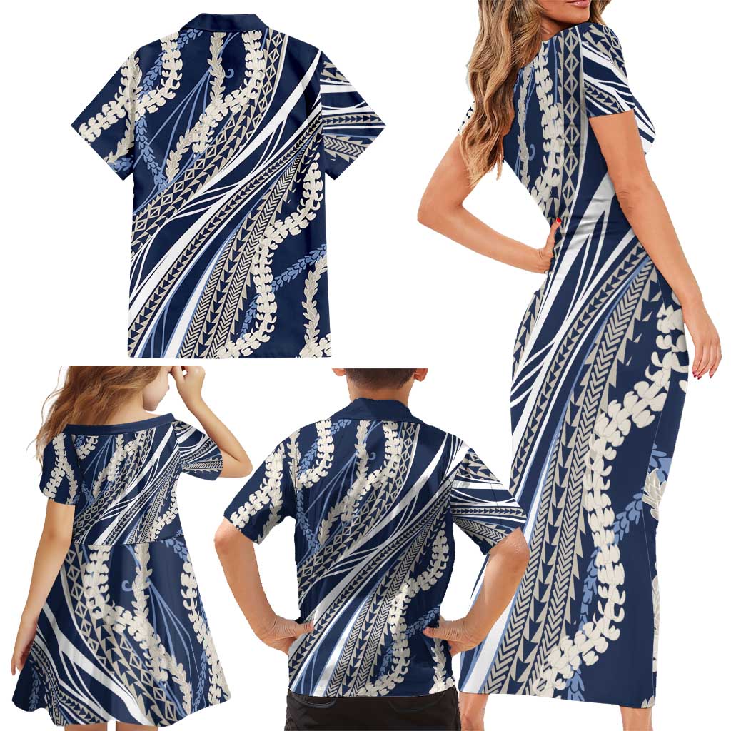 Polynesian Puakeniken Pikake Twisted Lei Family Matching Short Sleeve Bodycon Dress and Hawaiian Shirt Navy Blue - Polynesian Pride