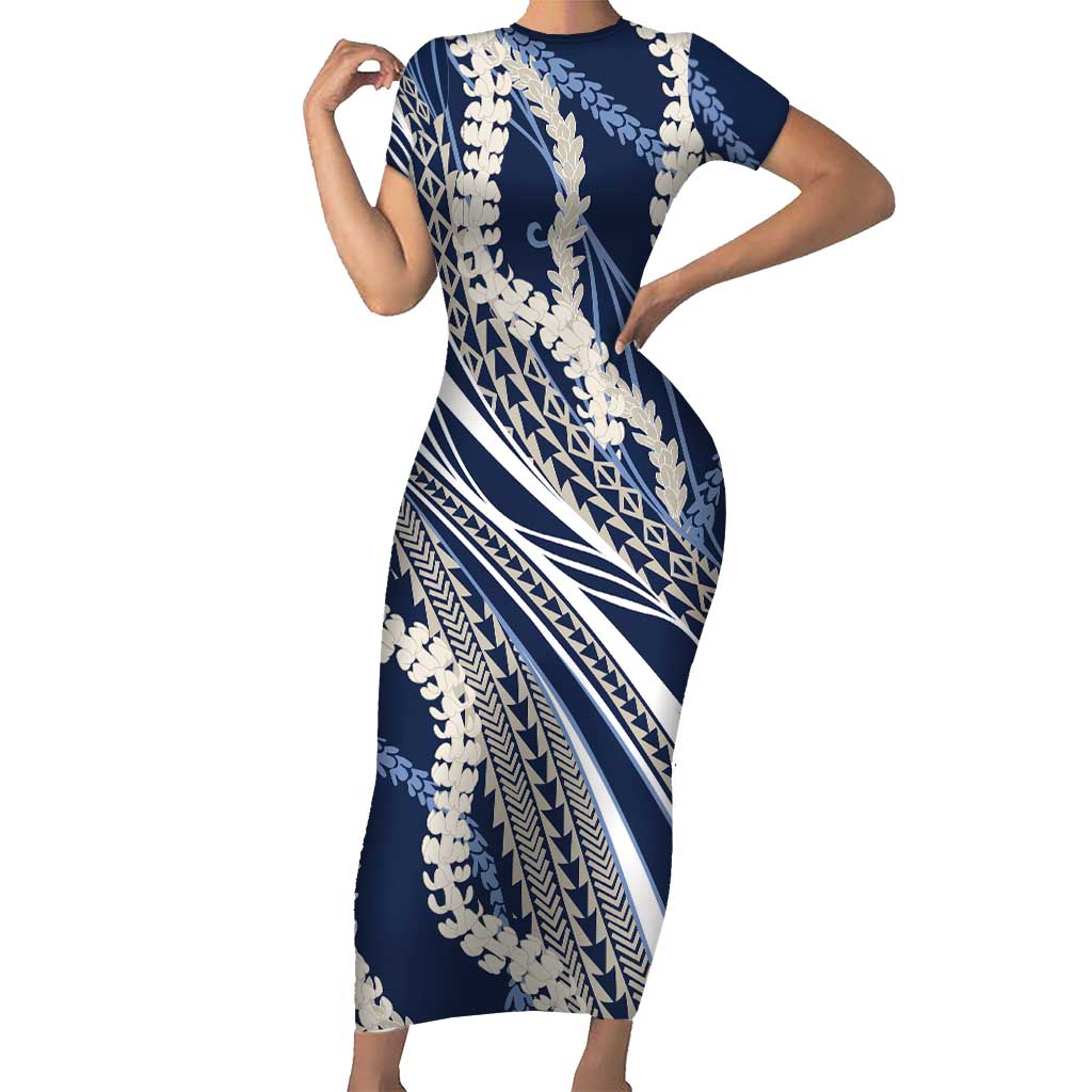 Polynesian Puakeniken Pikake Twisted Lei Family Matching Short Sleeve Bodycon Dress and Hawaiian Shirt Navy Blue - Polynesian Pride