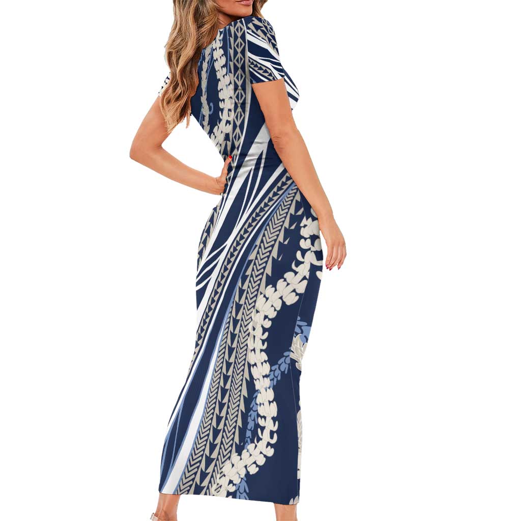 Polynesian Puakeniken Pikake Twisted Lei Family Matching Short Sleeve Bodycon Dress and Hawaiian Shirt Navy Blue - Polynesian Pride