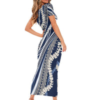 Polynesian Puakeniken Pikake Twisted Lei Family Matching Short Sleeve Bodycon Dress and Hawaiian Shirt Navy Blue - Polynesian Pride