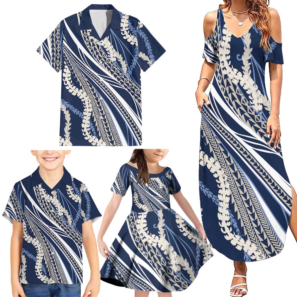 Polynesian Puakeniken Pikake Twisted Lei Family Matching Summer Maxi Dress and Hawaiian Shirt Navy Blue - Polynesian Pride