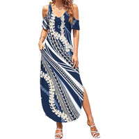 Polynesian Puakeniken Pikake Twisted Lei Family Matching Summer Maxi Dress and Hawaiian Shirt Navy Blue - Polynesian Pride