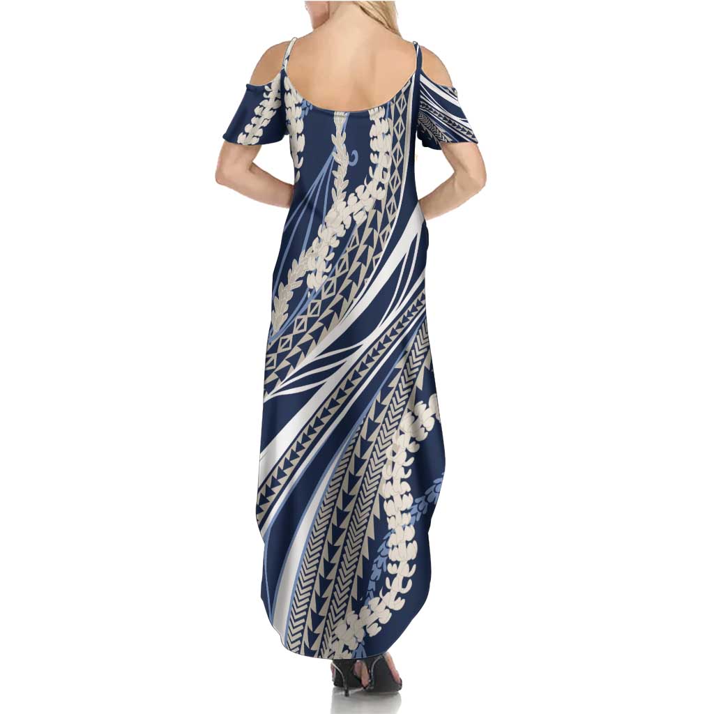 Polynesian Puakeniken Pikake Twisted Lei Family Matching Summer Maxi Dress and Hawaiian Shirt Navy Blue - Polynesian Pride