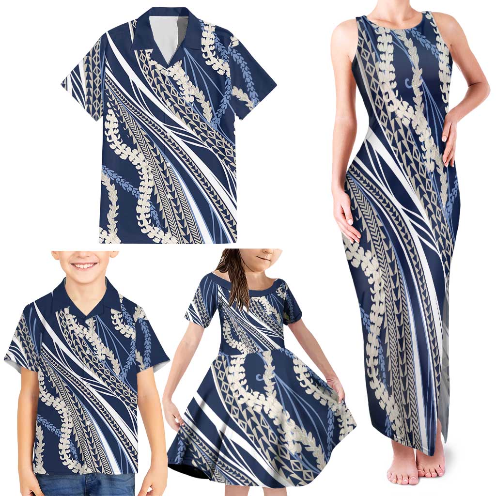 Polynesian Puakeniken Pikake Twisted Lei Family Matching Tank Maxi Dress and Hawaiian Shirt Navy Blue - Polynesian Pride
