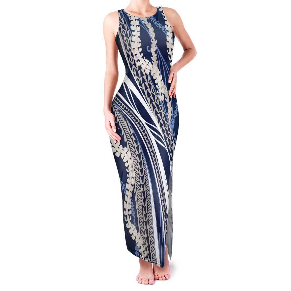 Polynesian Puakeniken Pikake Twisted Lei Family Matching Tank Maxi Dress and Hawaiian Shirt Navy Blue - Polynesian Pride