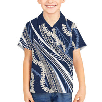 Polynesian Puakeniken Pikake Twisted Lei Family Matching Tank Maxi Dress and Hawaiian Shirt Navy Blue - Polynesian Pride