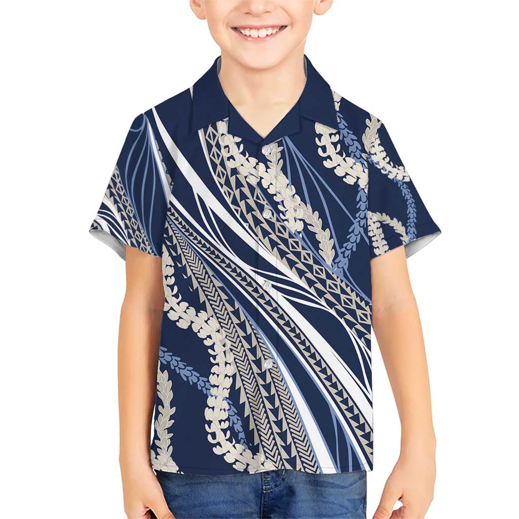 Polynesian Puakeniken Pikake Twisted Lei Kid Hawaiian Shirt Navy Blue - Polynesian Pride