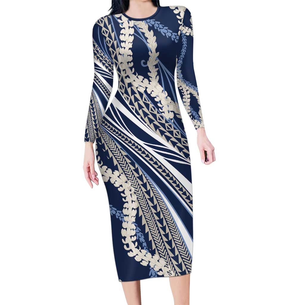 Polynesian Puakeniken Pikake Twisted Lei Long Sleeve Bodycon Dress Navy Blue - Polynesian Pride
