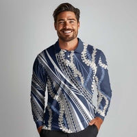 Polynesian Puakeniken Pikake Twisted Lei Long Sleeve Polo Shirt Navy Blue - Polynesian Pride