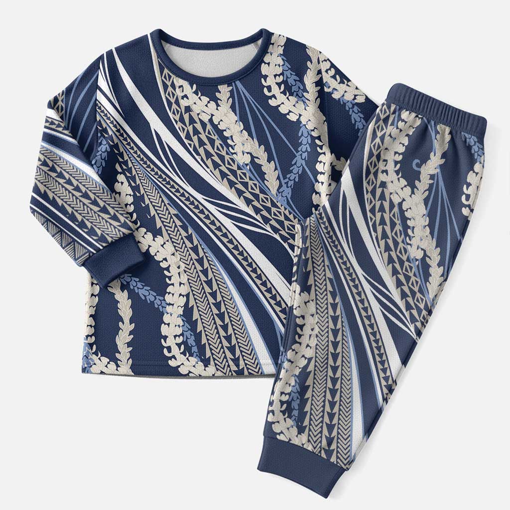 Polynesian Puakeniken Pikake Twisted Lei Christmas Pajama Set Navy Blue - Polynesian Pride