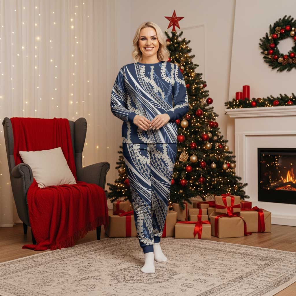 Polynesian Puakeniken Pikake Twisted Lei Christmas Pajama Set Navy Blue - Polynesian Pride