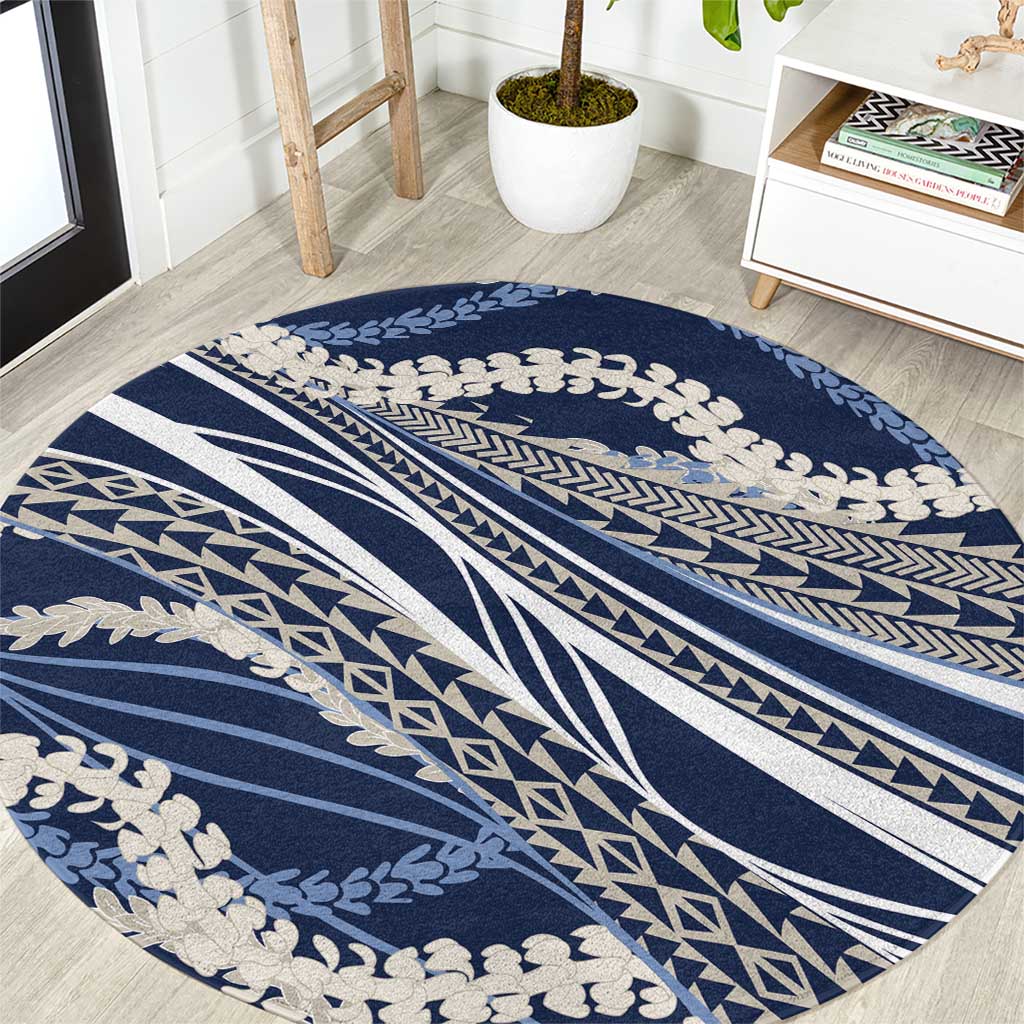Polynesian Puakeniken Pikake Twisted Lei Round Carpet Navy Blue - Polynesian Pride