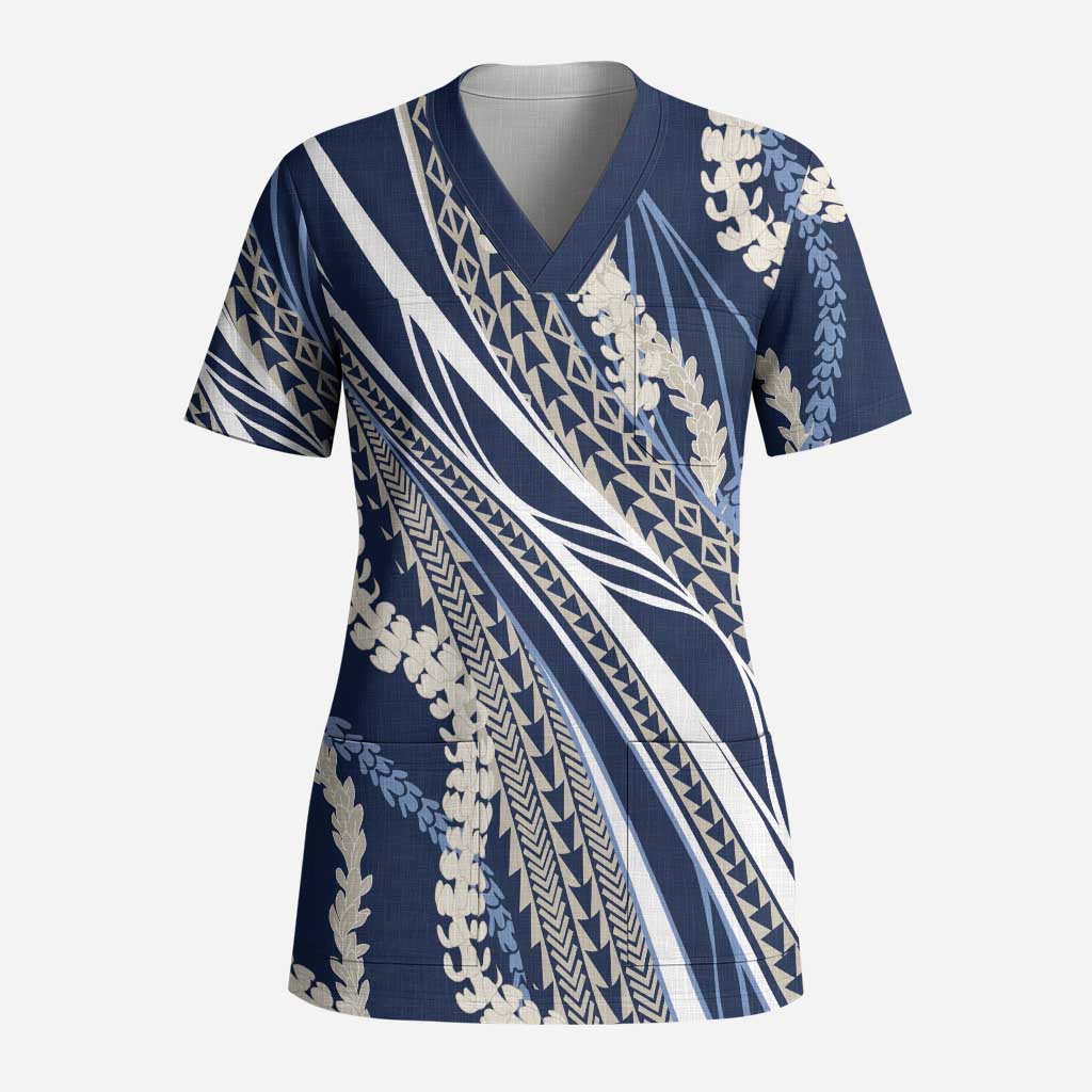 Polynesian Puakeniken Pikake Twisted Lei Scrub Top Navy Blue - Polynesian Pride