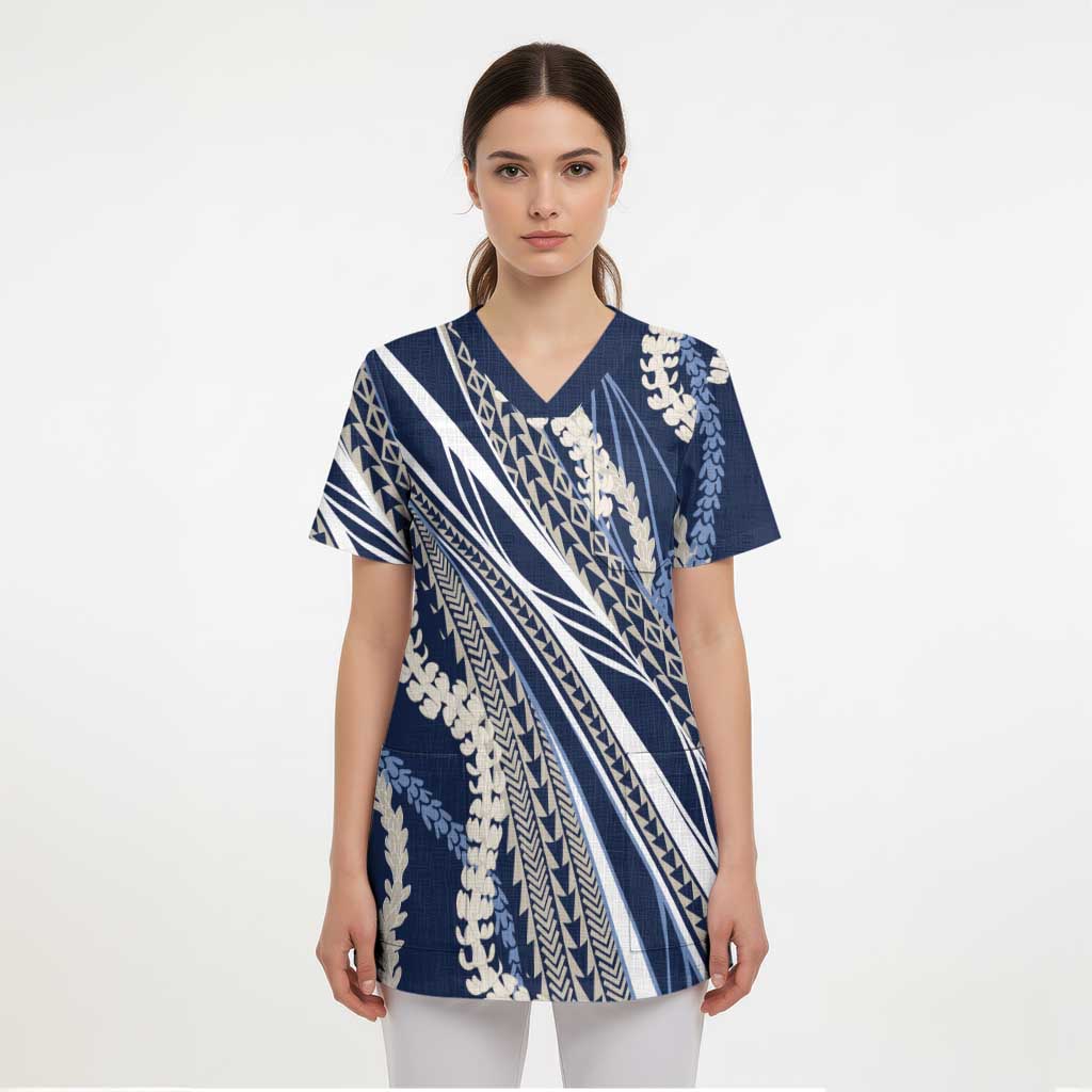 Polynesian Puakeniken Pikake Twisted Lei Scrub Top Navy Blue - Polynesian Pride