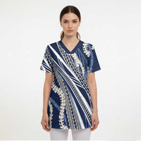 Polynesian Puakeniken Pikake Twisted Lei Scrub Top Navy Blue - Polynesian Pride