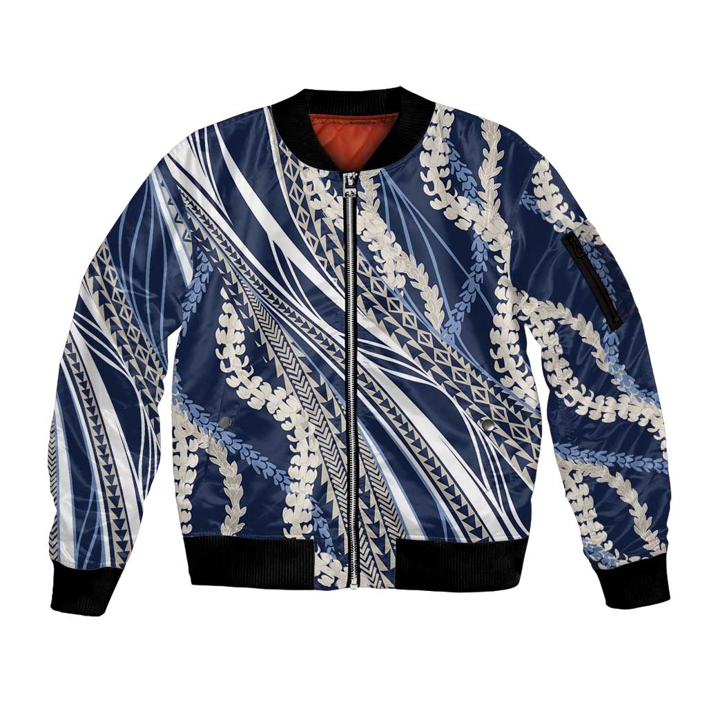 Polynesian Puakeniken Pikake Twisted Lei Sleeve Zip Bomber Jacket Navy Blue - Polynesian Pride