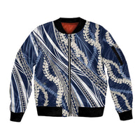 Polynesian Puakeniken Pikake Twisted Lei Sleeve Zip Bomber Jacket Navy Blue - Polynesian Pride