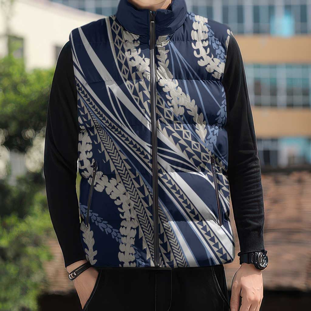 Polynesian Puakeniken Pikake Twisted Lei Sleeveless Puffer Jacket Navy Blue - Polynesian Pride