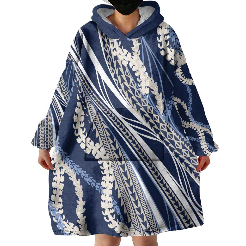 Polynesian Puakeniken Pikake Twisted Lei Wearable Blanket Hoodie Navy Blue - Polynesian Pride