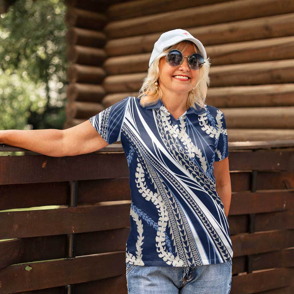 Polynesian Puakeniken Pikake Twisted Lei Women Polo Shirt Navy Blue - Polynesian Pride