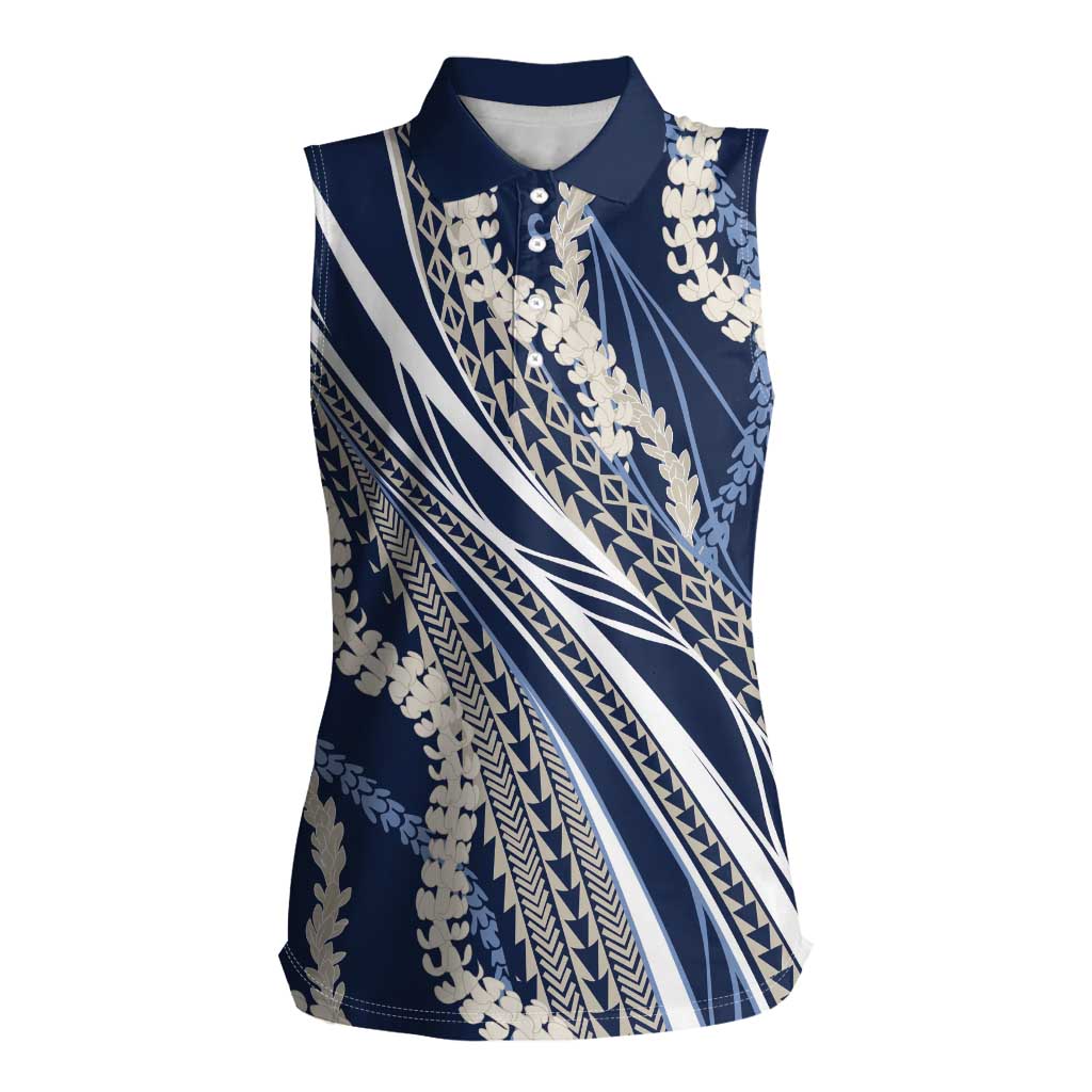Polynesian Puakeniken Pikake Twisted Lei Women Sleeveless Polo Shirt Navy Blue - Polynesian Pride
