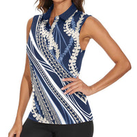 Polynesian Puakeniken Pikake Twisted Lei Women Sleeveless Polo Shirt Navy Blue - Polynesian Pride