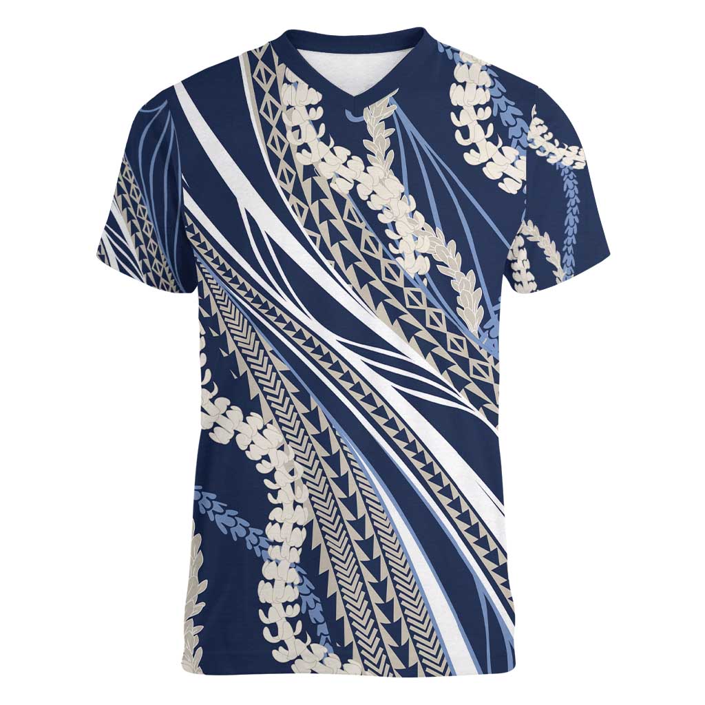 Polynesian Puakeniken Pikake Twisted Lei Women V-Neck T-Shirt Navy Blue - Polynesian Pride
