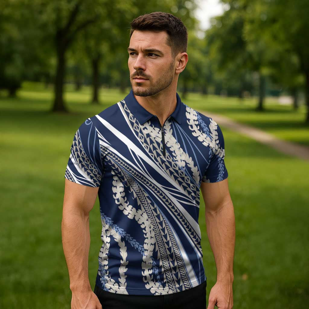 Polynesian Puakeniken Pikake Twisted Lei Zipper Polo Shirt Navy Blue - Polynesian Pride