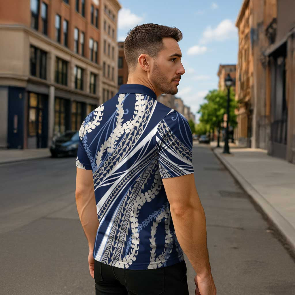 Polynesian Puakeniken Pikake Twisted Lei Zipper Polo Shirt Navy Blue - Polynesian Pride