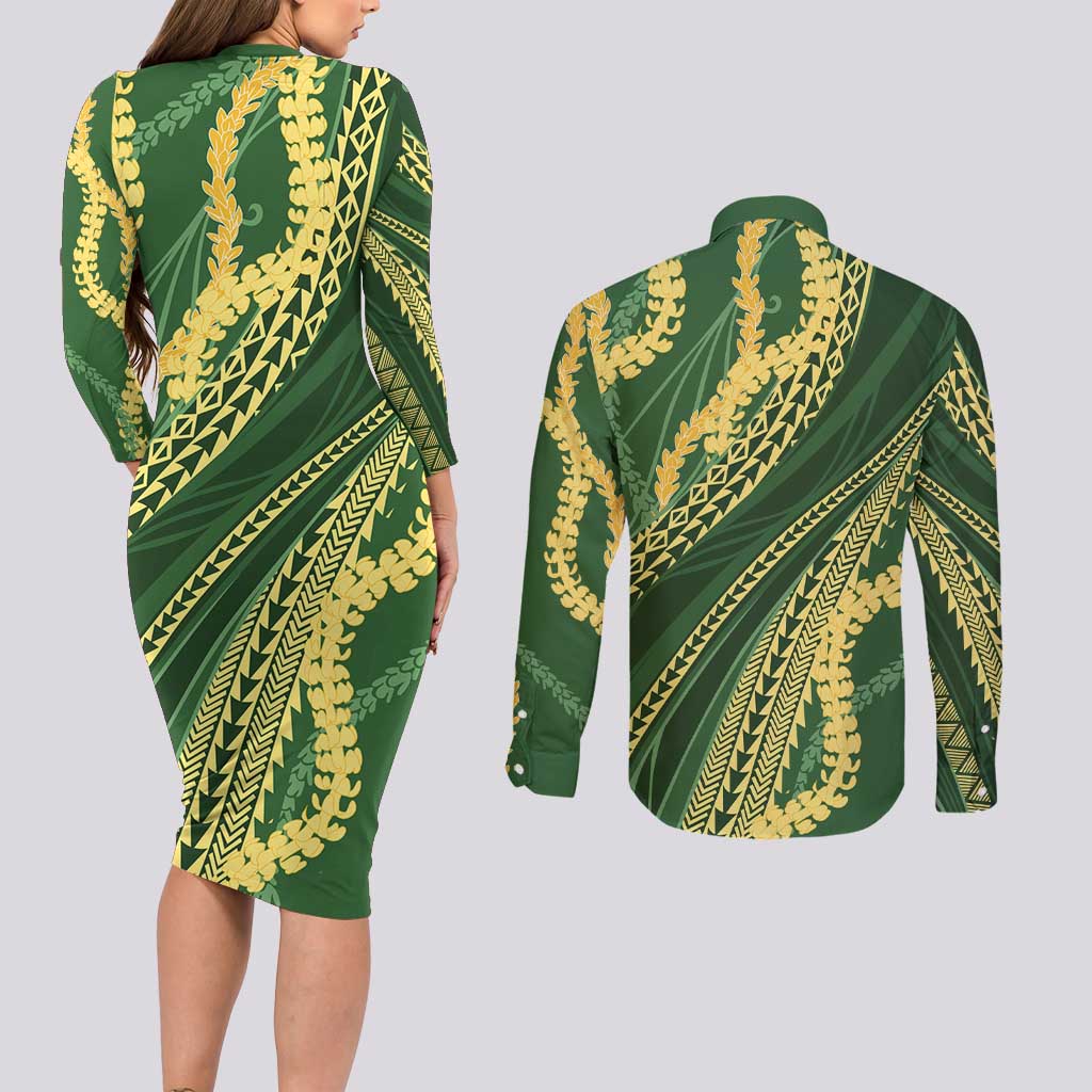 Polynesian Puakeniken Pikake Twisted Lei Couples Matching Long Sleeve Bodycon Dress and Long Sleeve Button Shirt Emerald - Polynesian Pride
