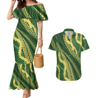 Polynesian Puakeniken Pikake Twisted Lei Couples Matching Mermaid Dress and Hawaiian Shirt Emerald - Polynesian Pride