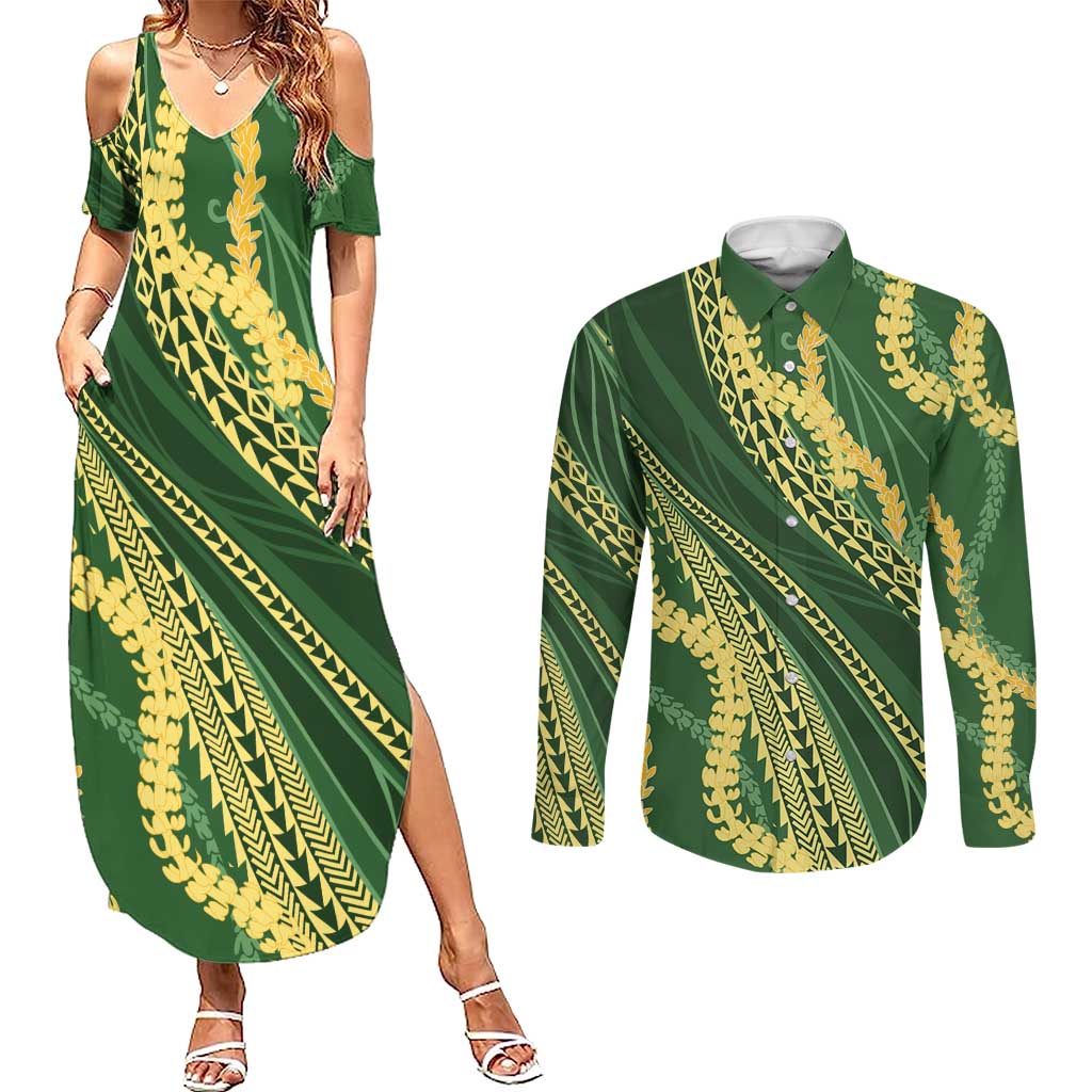 Polynesian Puakeniken Pikake Twisted Lei Couples Matching Summer Maxi Dress and Long Sleeve Button Shirt Emerald LT7 Emerald - Polynesian Pride