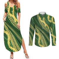 Polynesian Puakeniken Pikake Twisted Lei Couples Matching Summer Maxi Dress and Long Sleeve Button Shirt Emerald LT7 Emerald - Polynesian Pride