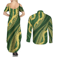 Polynesian Puakeniken Pikake Twisted Lei Couples Matching Summer Maxi Dress and Long Sleeve Button Shirt Emerald LT7 - Polynesian Pride