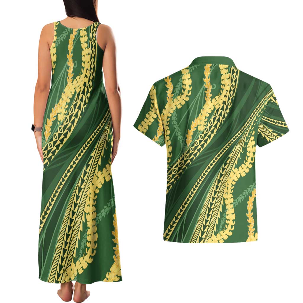 Polynesian Puakeniken Pikake Twisted Lei Couples Matching Tank Maxi Dress and Hawaiian Shirt Emerald LT7 - Polynesian Pride