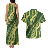 Polynesian Puakeniken Pikake Twisted Lei Couples Matching Tank Maxi Dress and Hawaiian Shirt Emerald LT7 - Polynesian Pride