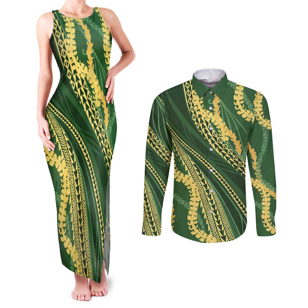 Polynesian Puakeniken Pikake Twisted Lei Couples Matching Tank Maxi Dress and Long Sleeve Button Shirt Emerald LT7 Emerald - Polynesian Pride