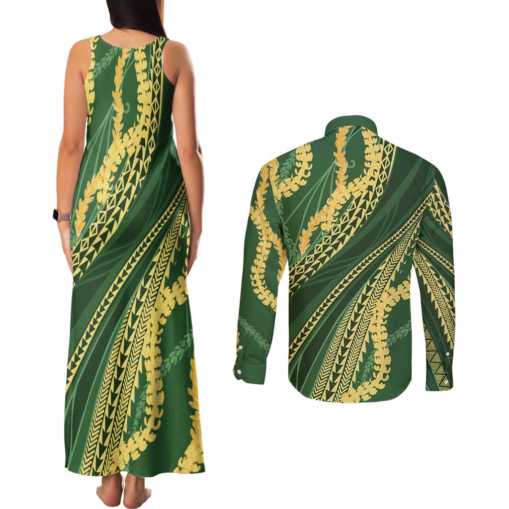 Polynesian Puakeniken Pikake Twisted Lei Couples Matching Tank Maxi Dress and Long Sleeve Button Shirt Emerald LT7 - Polynesian Pride