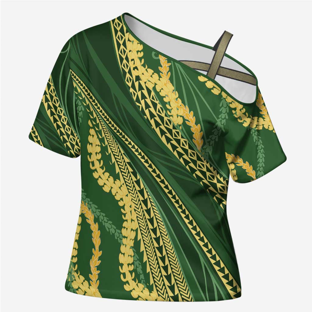 Polynesian Puakeniken Pikake Twisted Lei Cross Shoulder Shirt Emerald - Polynesian Pride