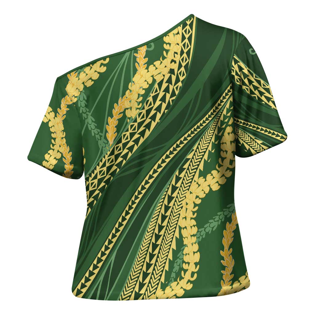 Polynesian Puakeniken Pikake Twisted Lei Cross Shoulder Shirt Emerald - Polynesian Pride