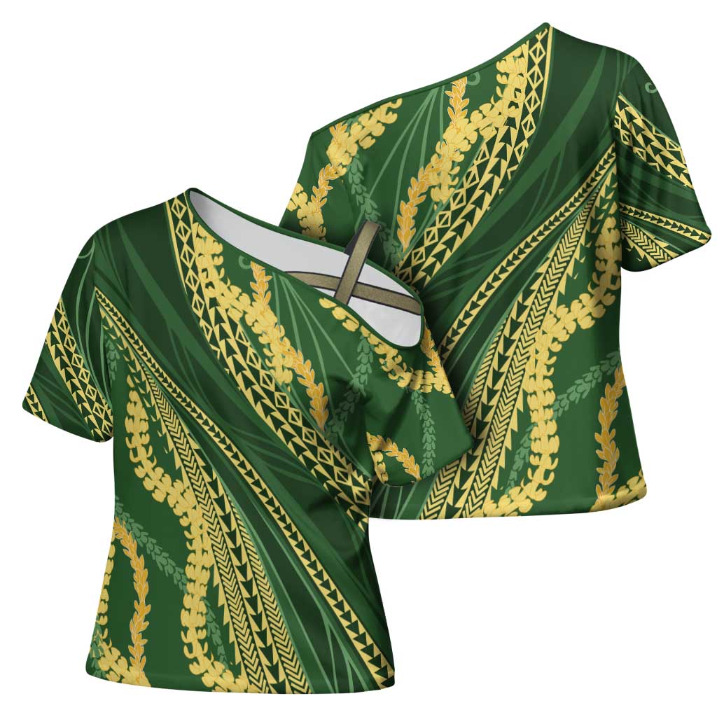 Polynesian Puakeniken Pikake Twisted Lei Cross Shoulder Shirt Emerald - Polynesian Pride