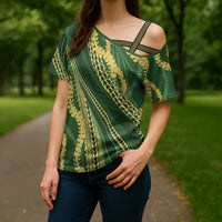 Polynesian Puakeniken Pikake Twisted Lei Cross Shoulder Shirt Emerald - Polynesian Pride