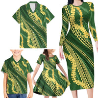 Polynesian Puakeniken Pikake Twisted Lei Family Matching Long Sleeve Bodycon Dress and Hawaiian Shirt Emerald - Polynesian Pride