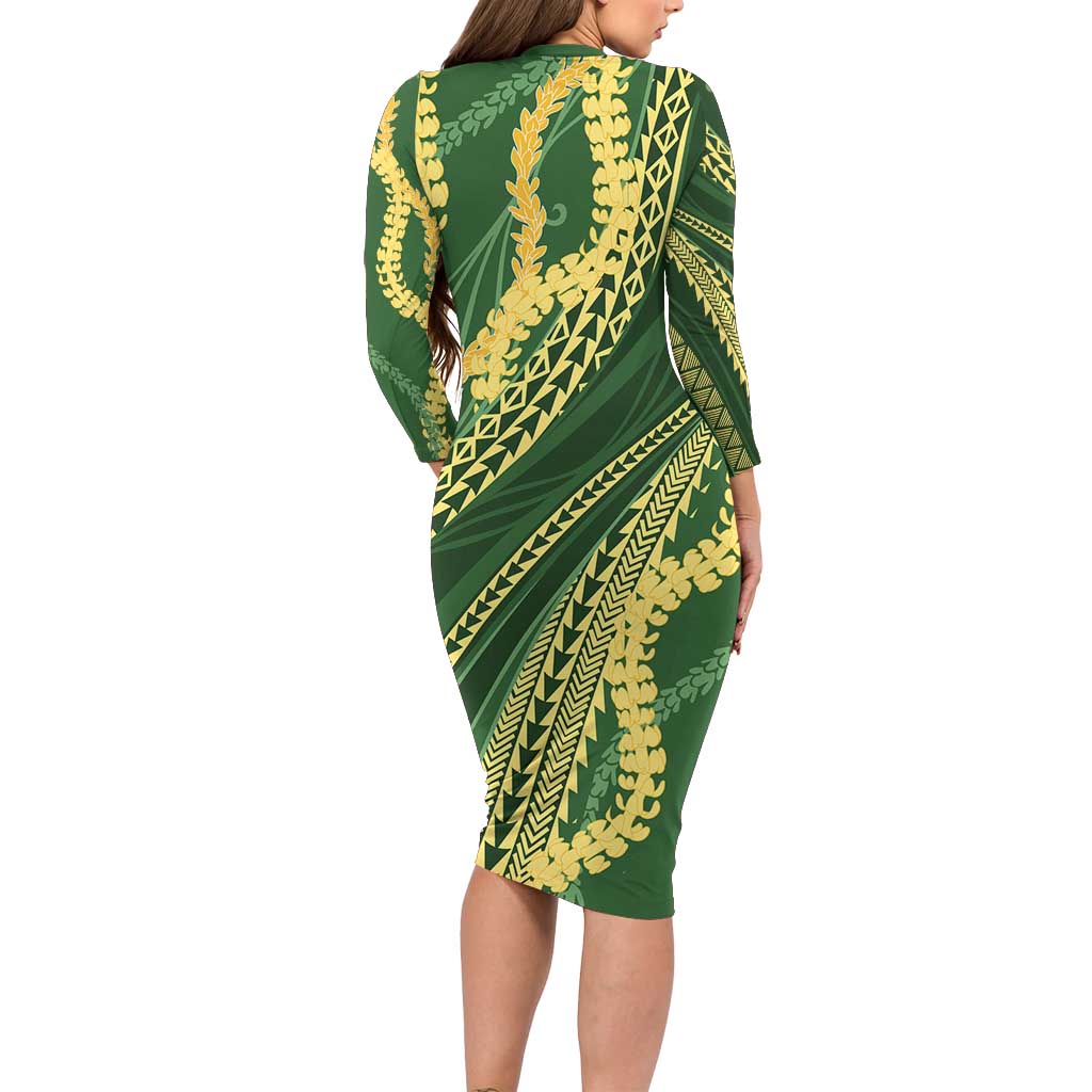 Polynesian Puakeniken Pikake Twisted Lei Family Matching Long Sleeve Bodycon Dress and Hawaiian Shirt Emerald - Polynesian Pride