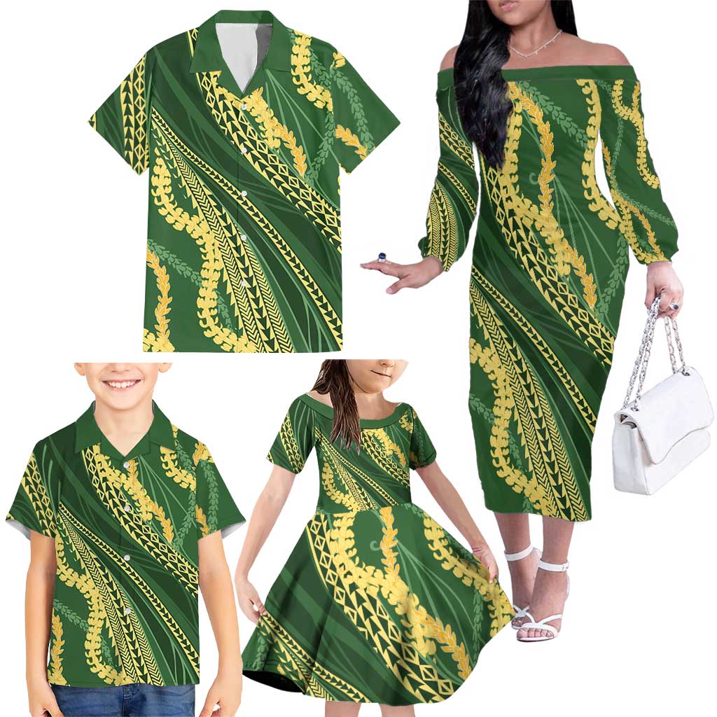 Polynesian Puakeniken Pikake Twisted Lei Family Matching Off The Shoulder Long Sleeve Dress and Hawaiian Shirt Emerald - Polynesian Pride