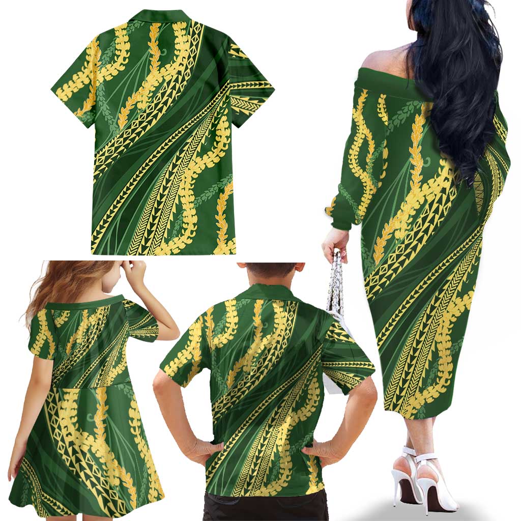 Polynesian Puakeniken Pikake Twisted Lei Family Matching Off The Shoulder Long Sleeve Dress and Hawaiian Shirt Emerald - Polynesian Pride