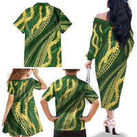 Polynesian Puakeniken Pikake Twisted Lei Family Matching Off The Shoulder Long Sleeve Dress and Hawaiian Shirt Emerald - Polynesian Pride